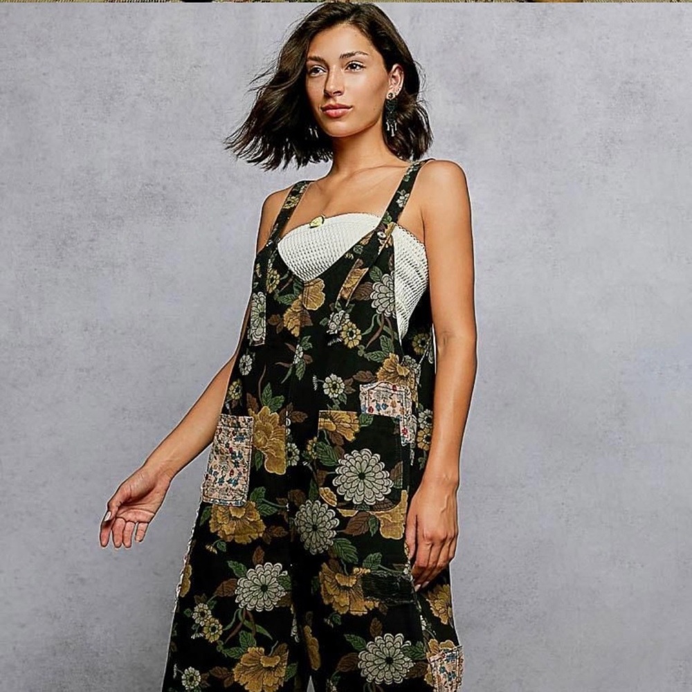 POL Wide Leg Floral Print and Patchwork Overalls